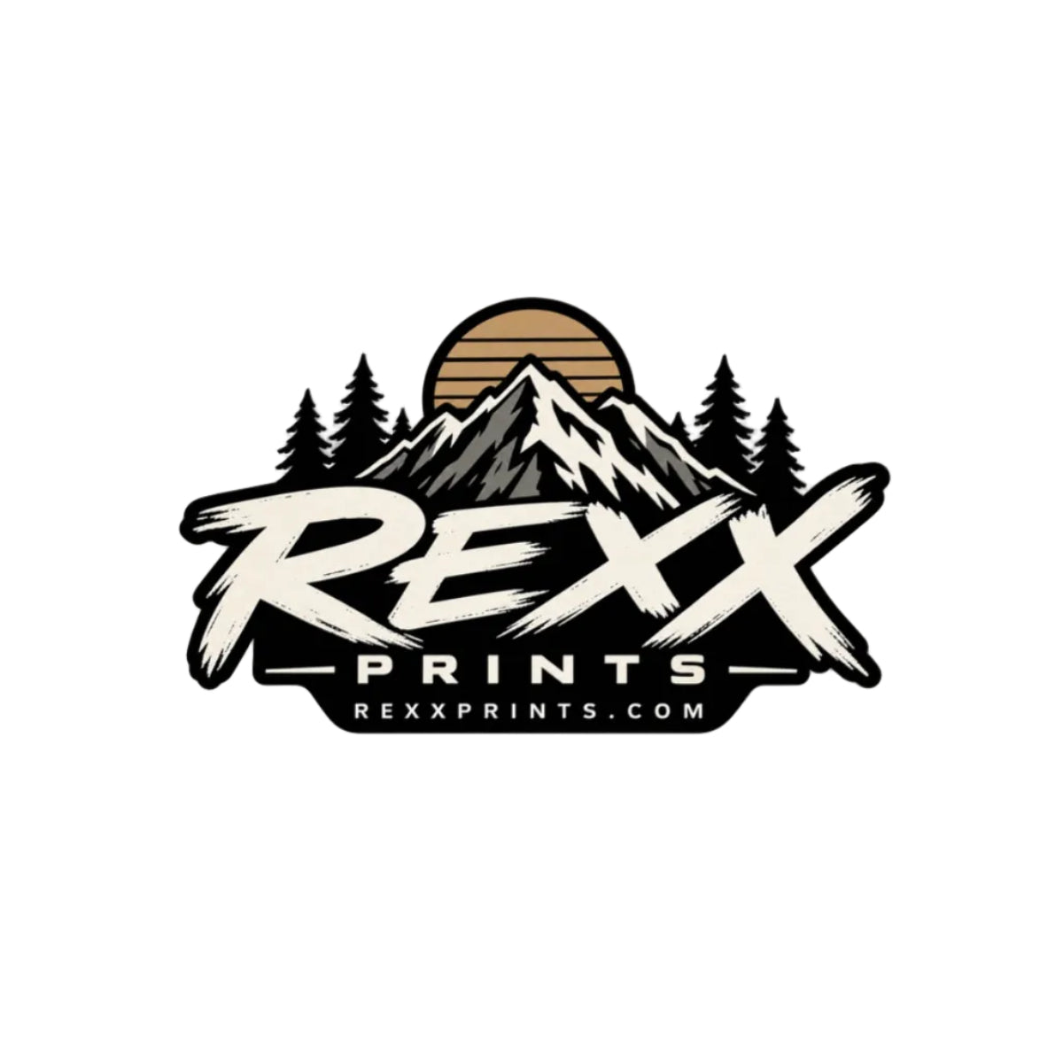 REXXPRINTS Mountain Logo Sticker | Vintage Outdoor Badge Decal | Retro Sunset Pine Tree Vinyl Sticker