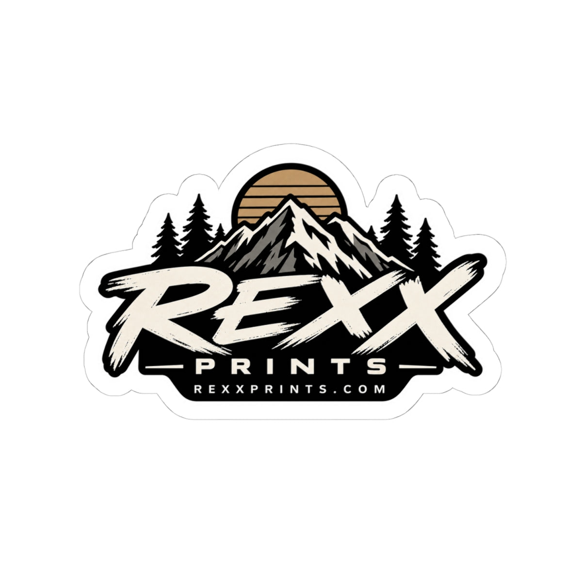 REXXPRINTS Mountain Logo Sticker | Vintage Outdoor Badge Decal | Retro Sunset Pine Tree Vinyl Sticker