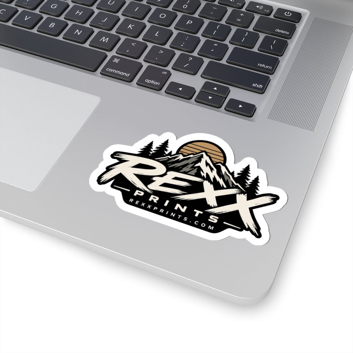 REXXPRINTS Mountain Logo Sticker | Vintage Outdoor Badge Decal | Retro Sunset Pine Tree Vinyl Sticker
