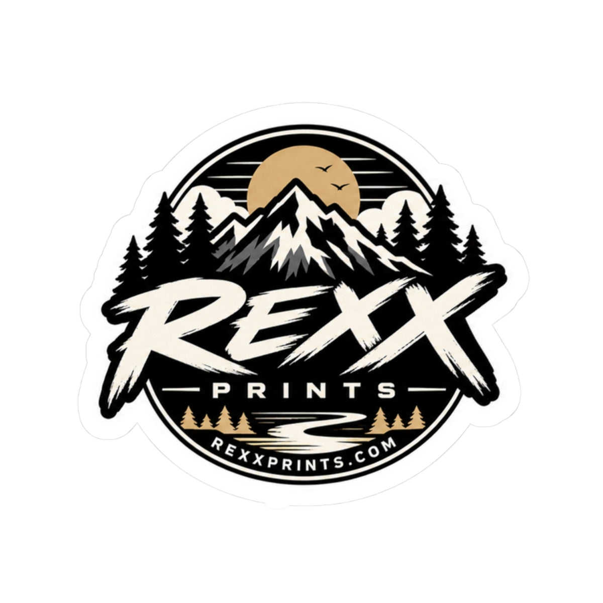 REXXPRINTS Logo Sticker | Mountain Scene Vinyl Decal | Outdoor Adventure Sticker for Laptop, Tumbler, Toolbox