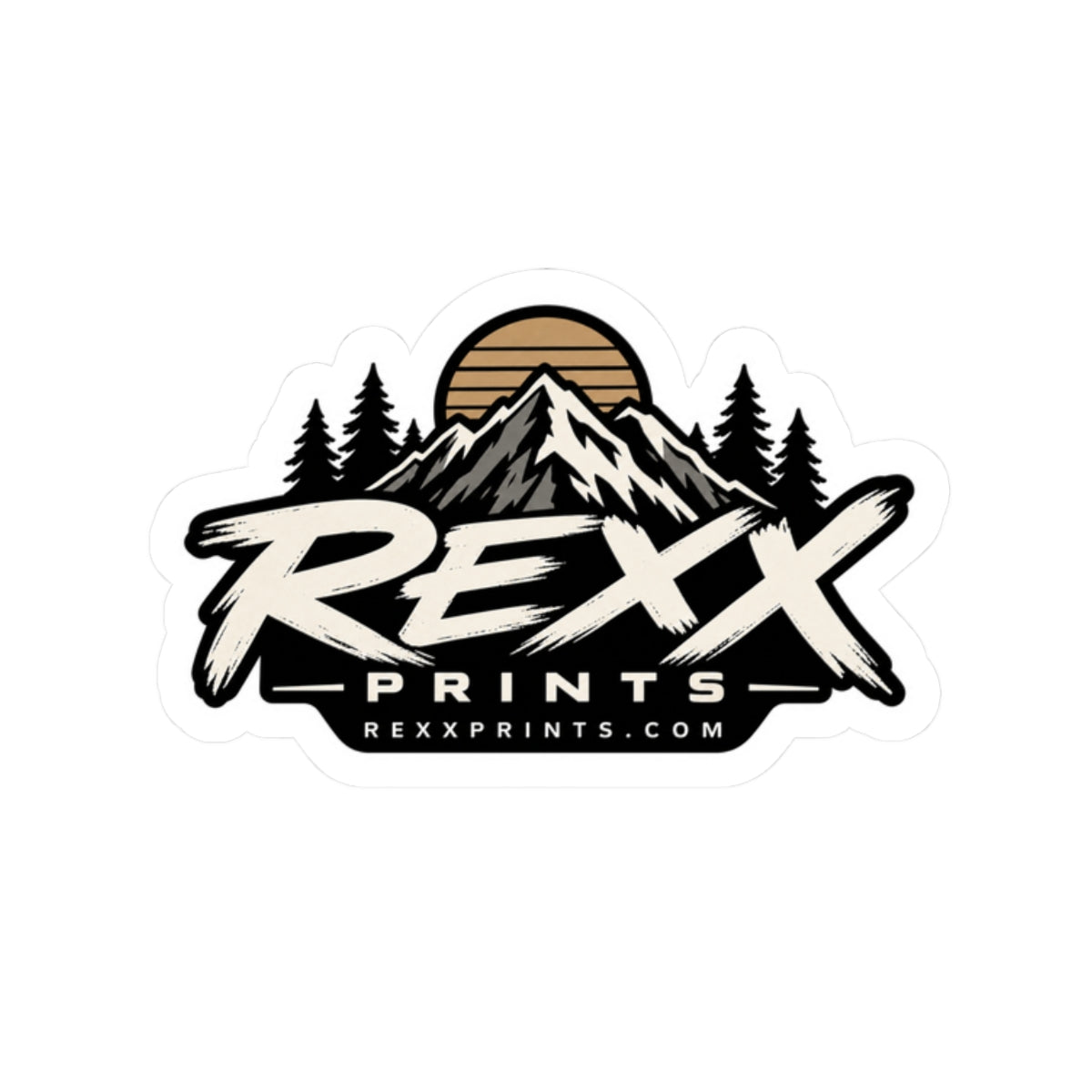 REXXPRINTS Mountain Logo Sticker | Vintage Outdoor Badge Decal | Retro Sunset Pine Tree Vinyl Sticker